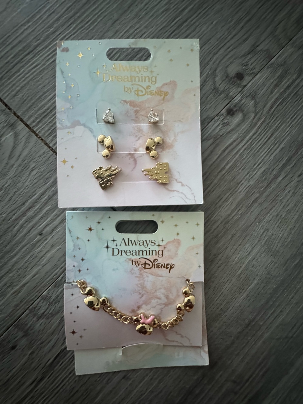 Disney Gold Castle, Heart & Mickey Stud Earring Set with Matching Gold Bracelet